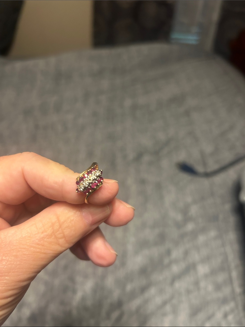 Gold Tone Ring with Ruby and Clear Crystals 10 k gold size 7